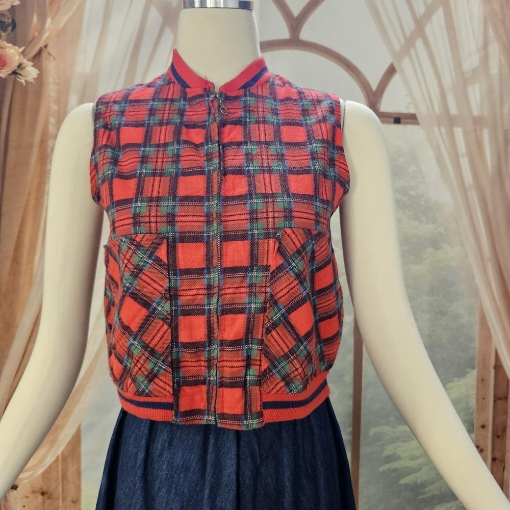 Vintage 60's Vest Jacket Top Shirt Plaid Tartan Red Zip Retro JCPENNY